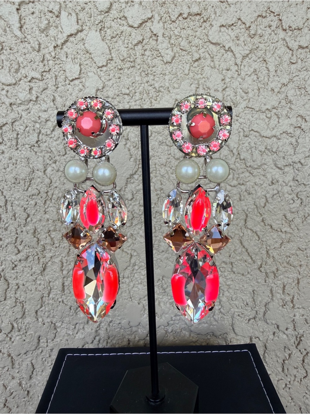 Glam Statement Coral Crystal Drop Earrings